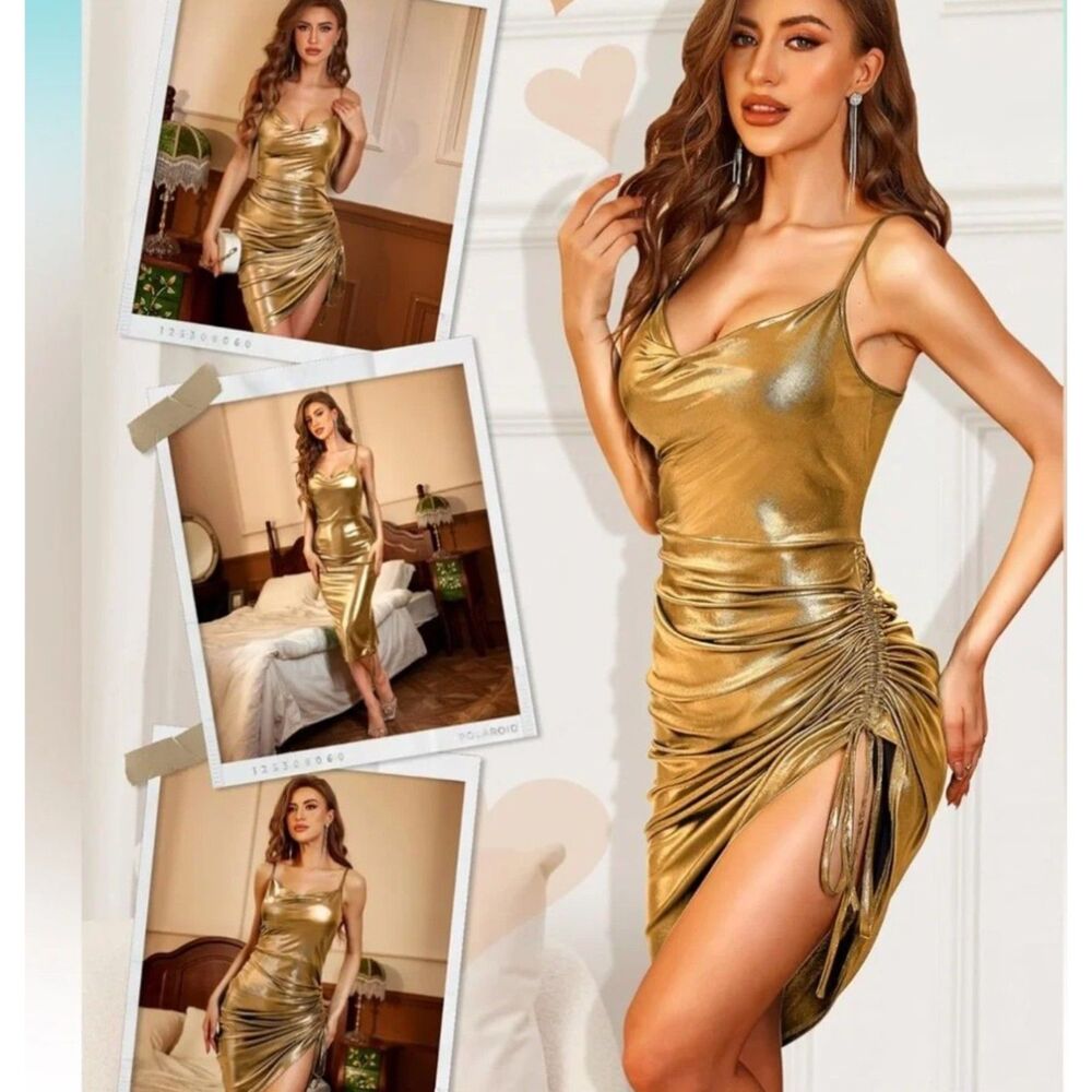 NWT Gold/Bronze Adjustable Length Ruched Glam Cocktail Party Dress | SZ Med
